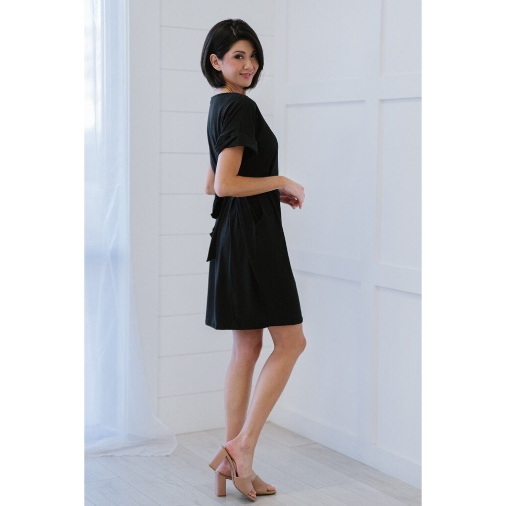 Zenana Smooth Talker Tie-Waist Dress Black Short Sleeve Pockets Stretchy - Picture 5 of 16